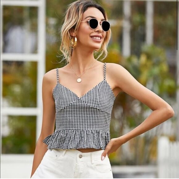 𝅺Gingham Print Spaghetti Strap Peplum Style Cami - Picture 1 of 9